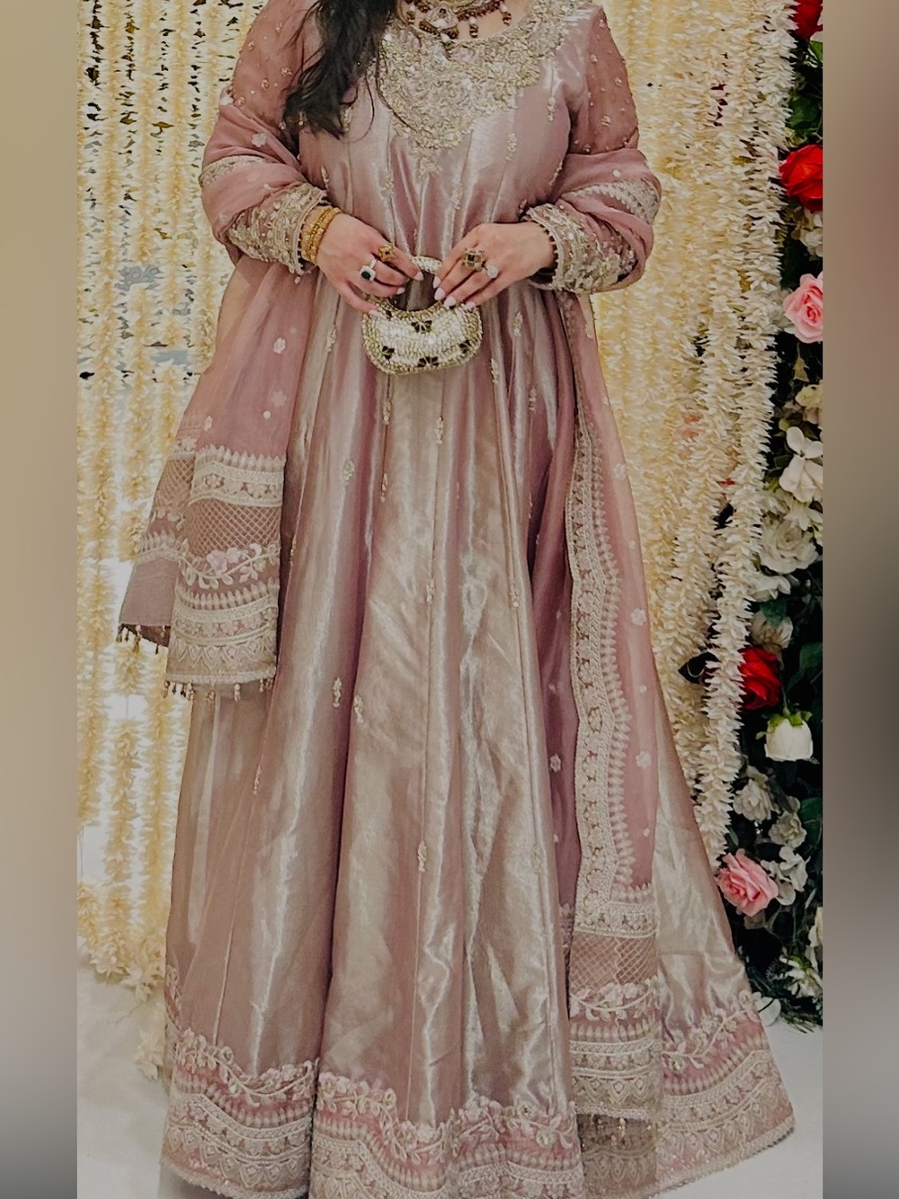 Dusty Rose Embroidered Maxi Dress with Sheer Draped Dupatta - Picture 4 of 4